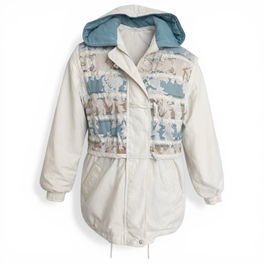 Vintage IZZI Hooded Winter Coat Patchwork Design Beige Blue Women’s Small